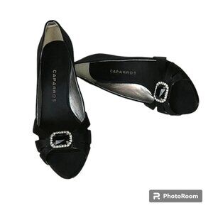 Caparros Black Satin Strappy Open Toe Black Onyx Rhinestone Jeweled Vamp Heel